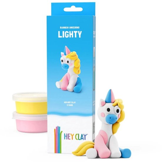 Hey Clay Boetseerklei - Rainbow Unicorns Lighty, 3 potjes klei